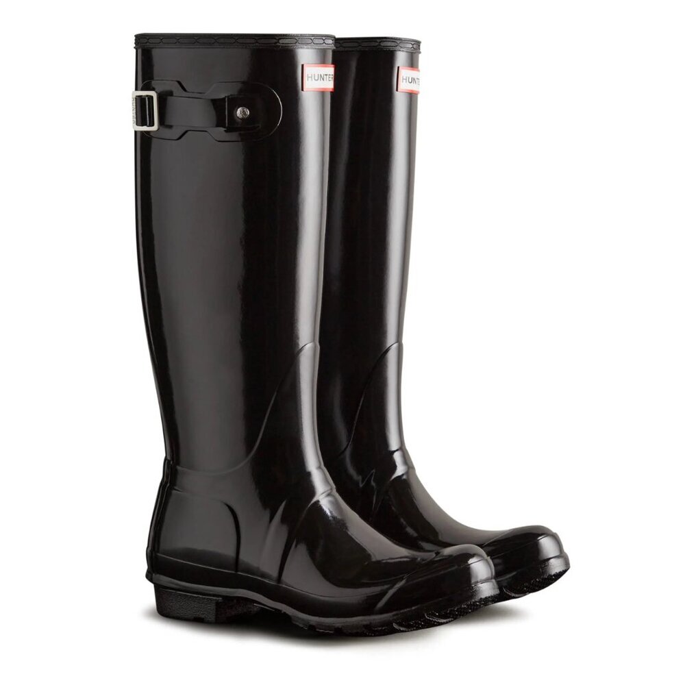 New Womens sz 8 HUNTER  Original Tall Gloss Rain Boots Black rubber - Picture 2 of 4
